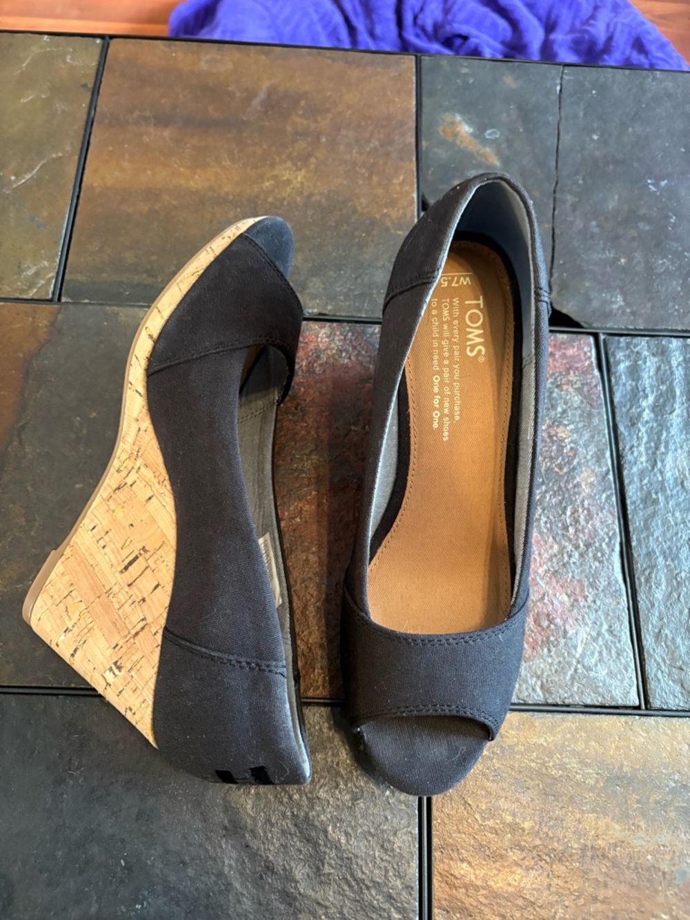 TOMS Black Cork Wedge Peep Toe Heels